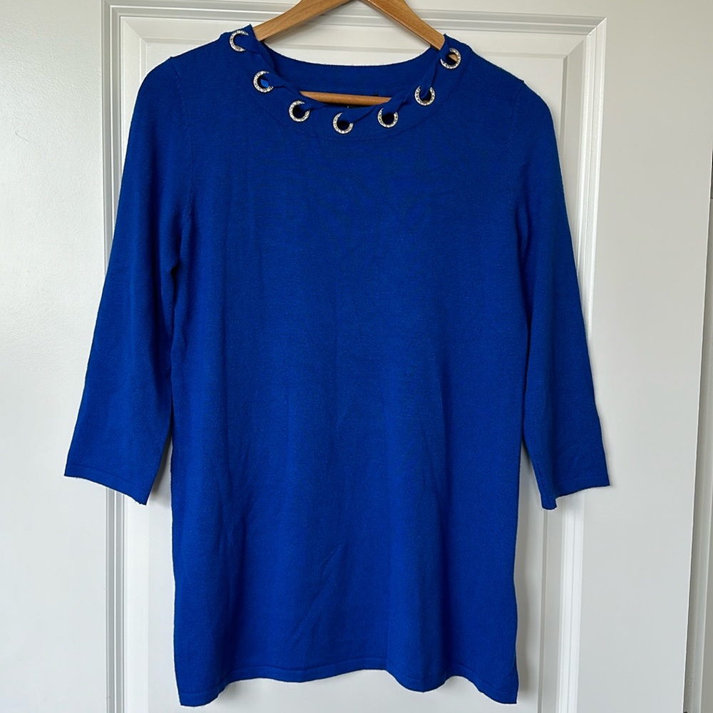 Cable & Gauge Tunic Sweater Top sz Small Women’s Blue 3/4 Sleeve Rings Diamonds